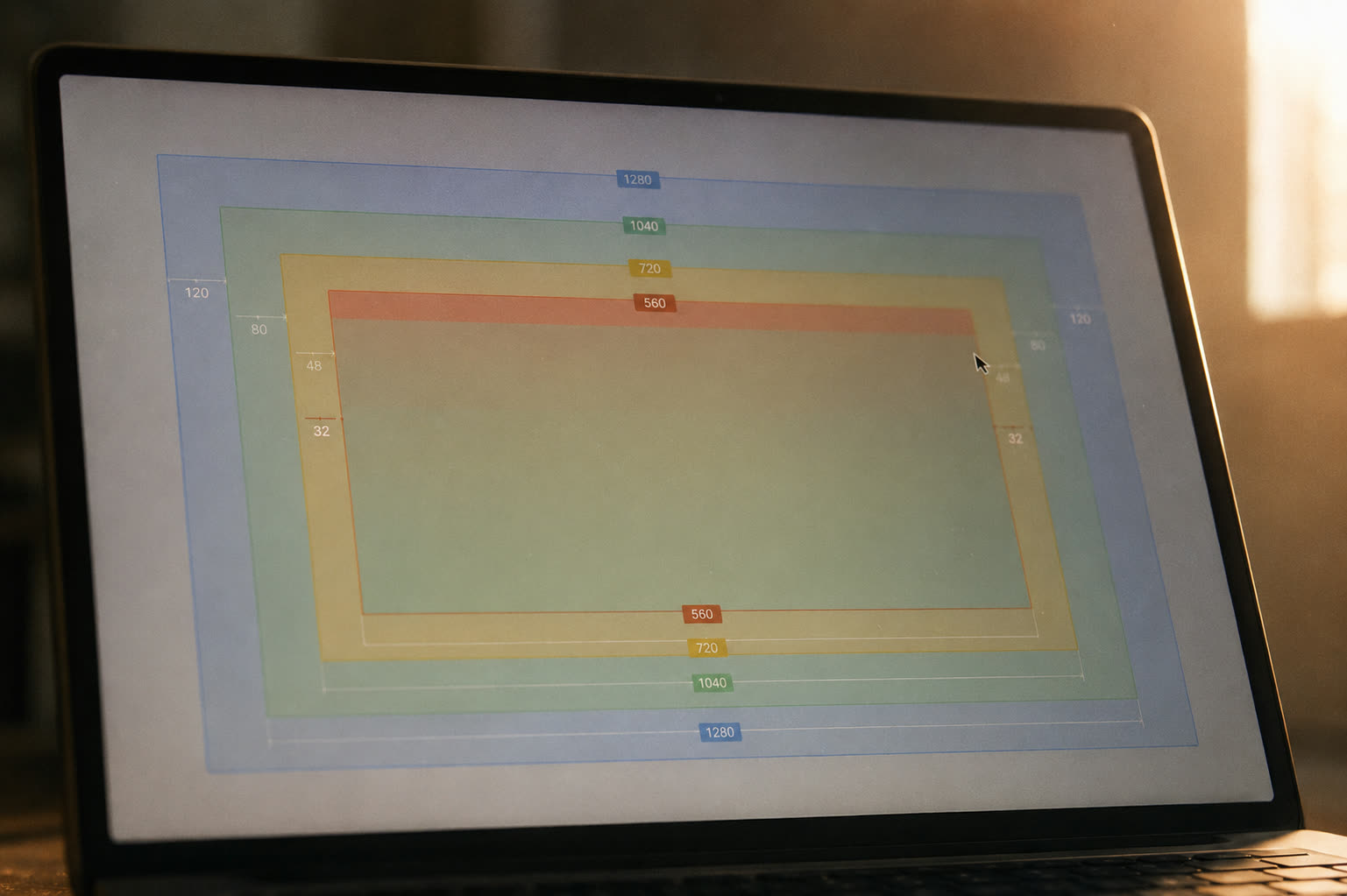 A laptop screen with the Site Mirror box model painted over an element: nested margin, border, padding and content rings with their pixel values