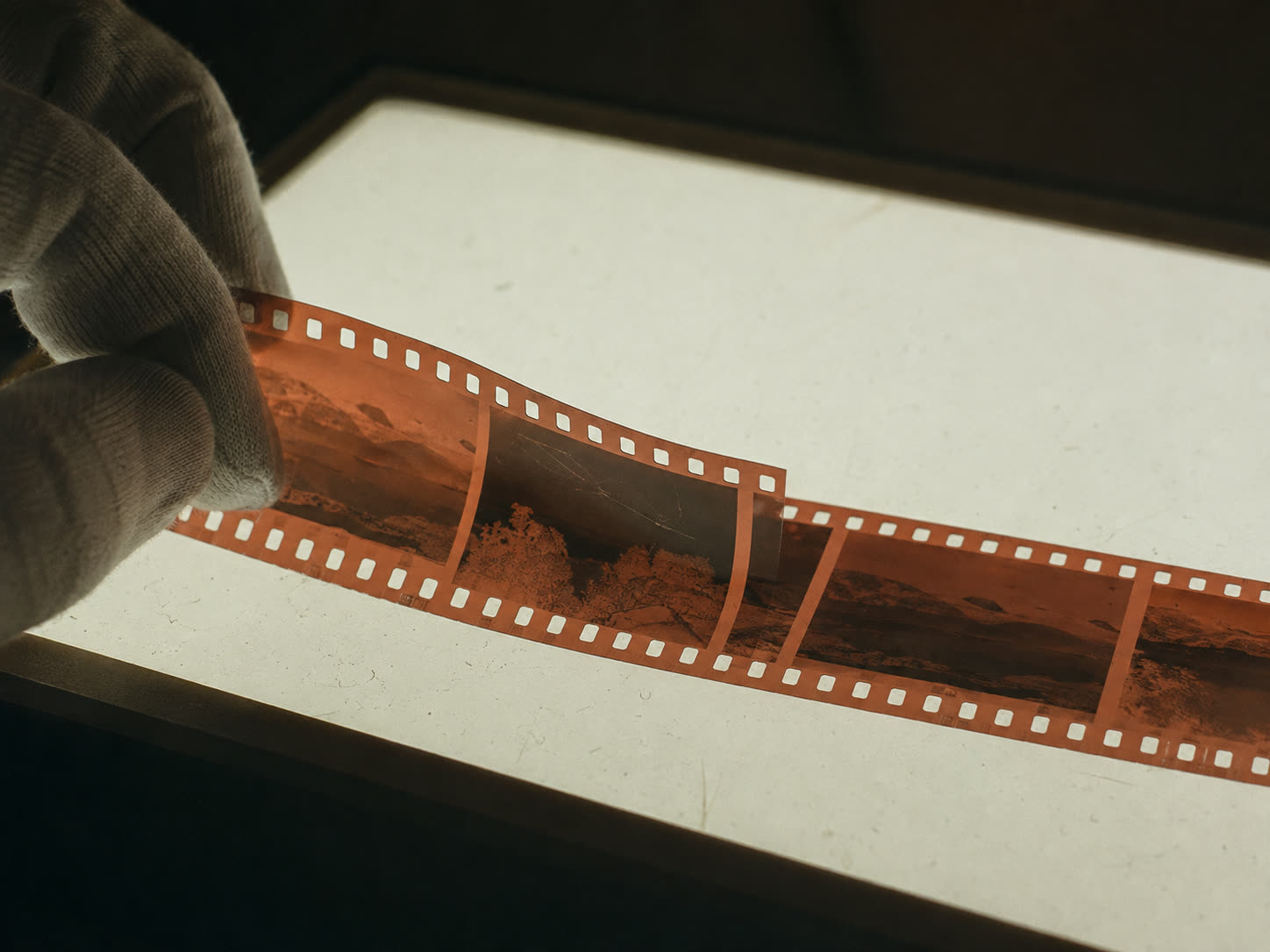 A gloved hand lifting a strip of colour negatives on a lightbox